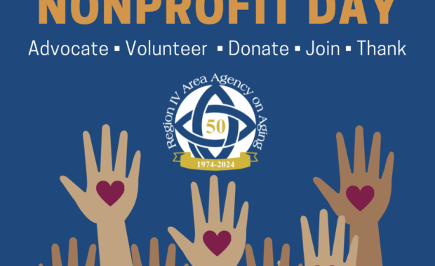 Hands with hearts. Text: National Nonprofit Day. Advocate, Volunteer, Donate, Join, Thank.