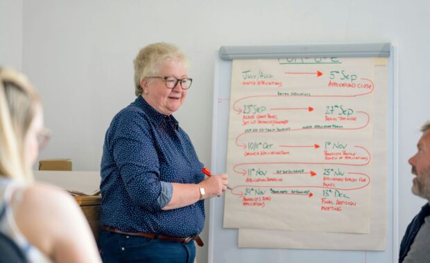 woman standing in front of white board teaching class